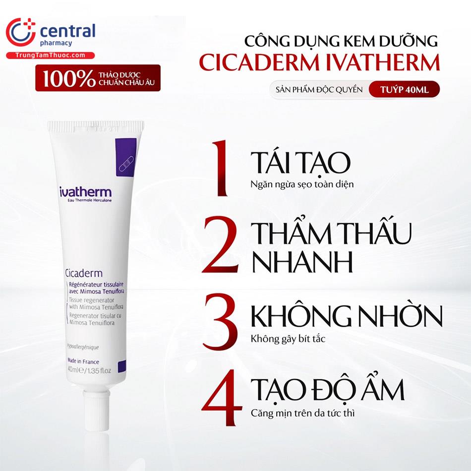 Ivatherm Cicaderm Cream 40mL giúp tái tạo da, giảm sẹo