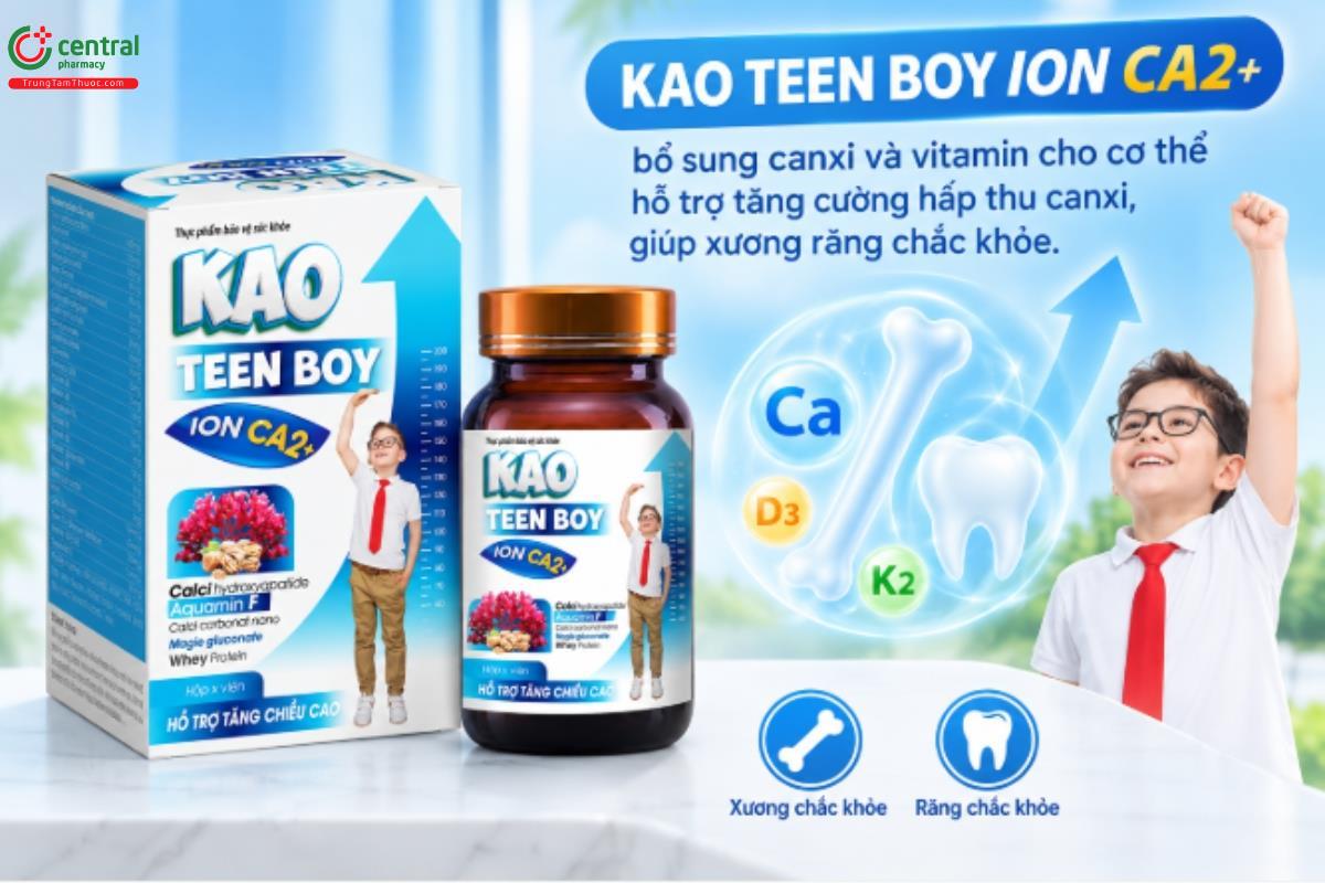 KAO TEEN BOY ION CA2+ bổ sung canxi và vitamin cho cơ thể hỗ trợ tăng cường hấp thu canxi, giúp xương răng chắc khỏe.