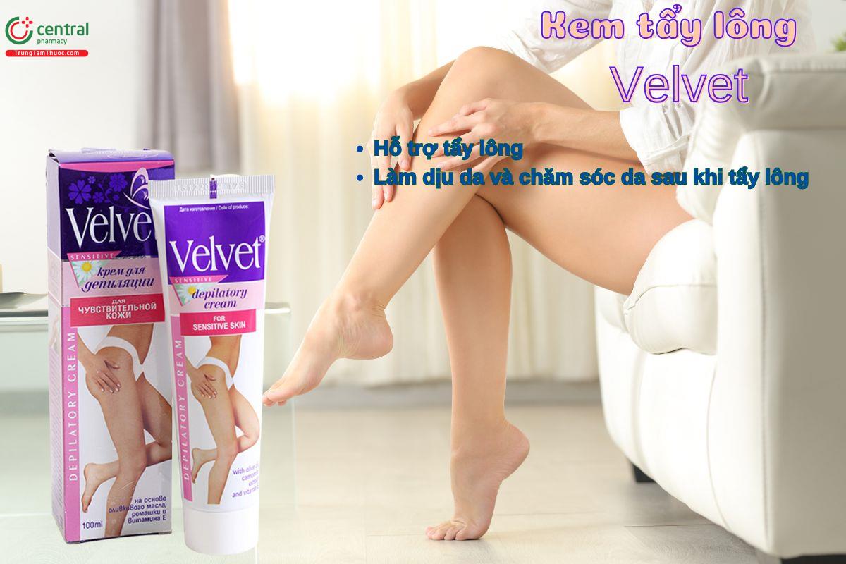 Kem tẩy lông Velvet 100ml của Nga dùng được cho da nhạy cảm, dùng tẩy lông cho vùng bikini, làm mềm mướt da sau khi tẩy