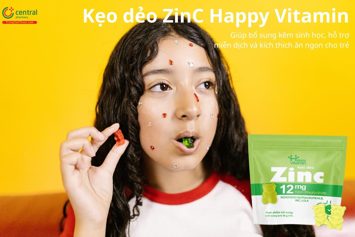 Kẹo dẻo ZinC Happy Vitamin giúp bổ sung kẽm sinh học, hỗ trợ miễn dịch