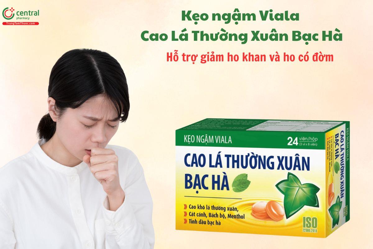 Kẹo ngậm Viala Cao Lá Thường Xuân Bạc Hà giúp giảm ho, đau rát họng