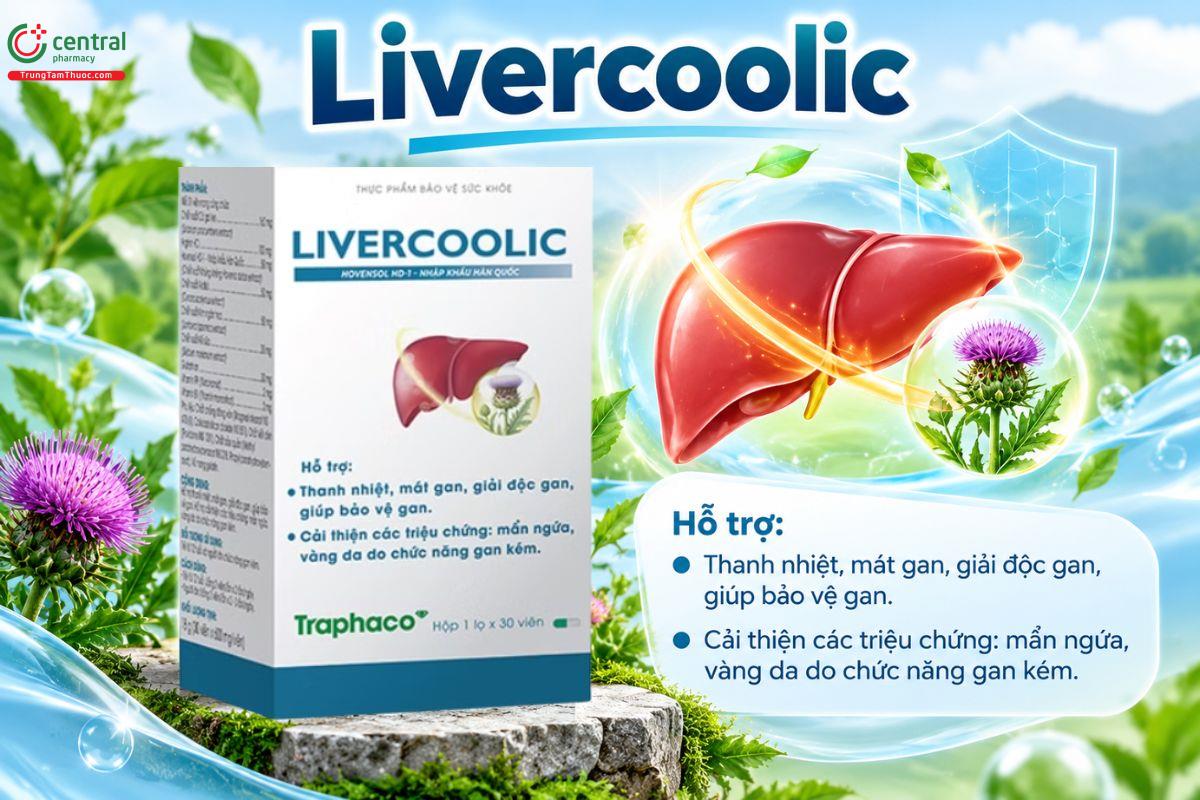 Livercoolic hỗ trợ thanh nhiệt, mát gan, giải độc và bảo vệ gan, góp phần cải thiện mẩn ngứa, vàng da do chức năng gan kém và hỗ trợ duy trì chức năng gan.