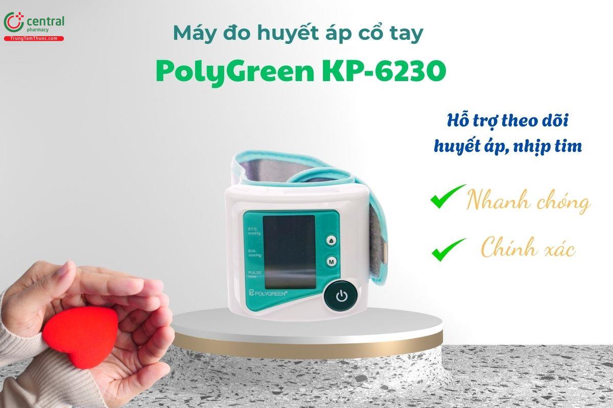 Máy đo huyết áp cổ tay PolyGreen KP-6230 giúp đo huyết áp và nhịp tim nhanh chóng, chính xác