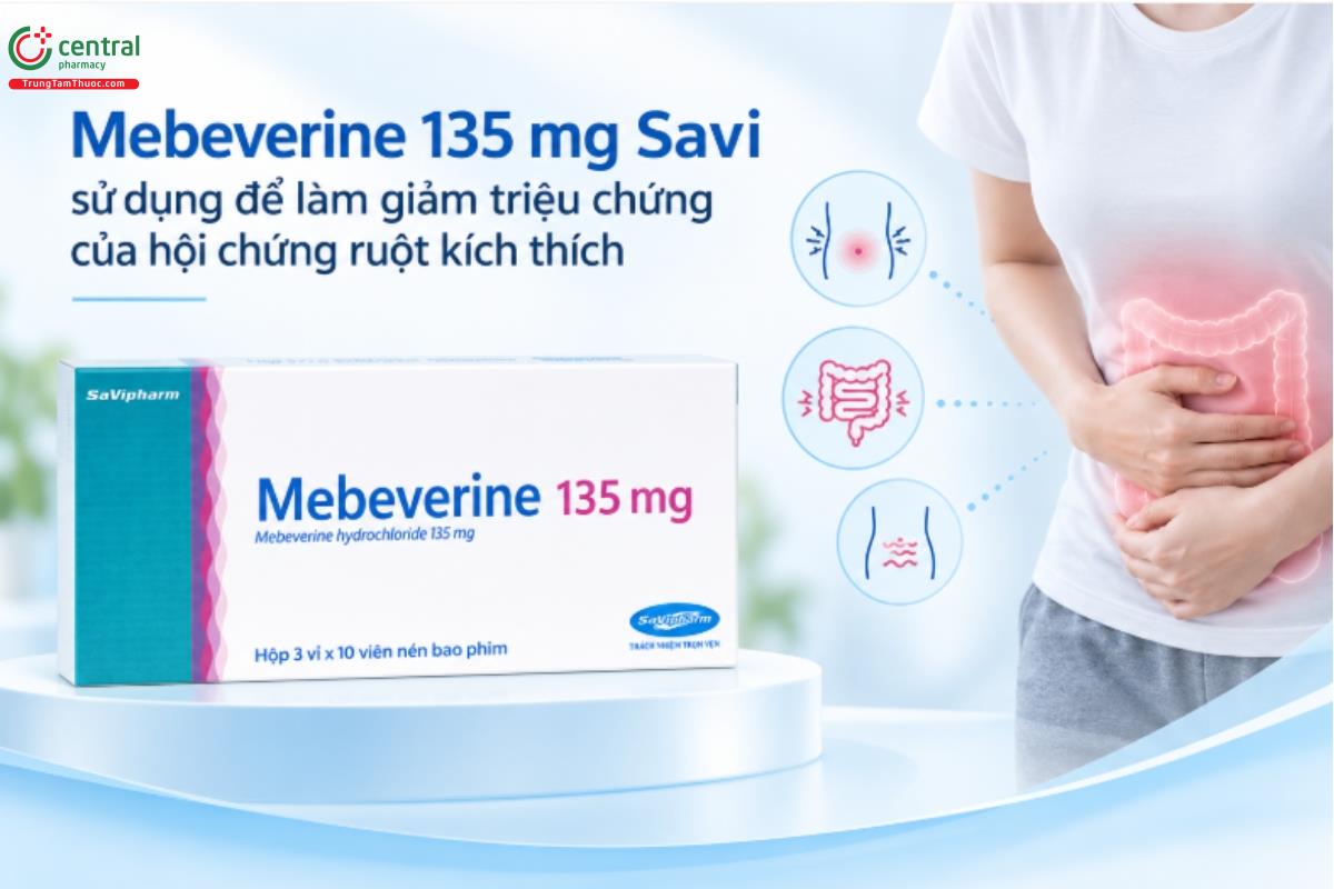 Thuốc Mebeverine 135 mg Savi sử dụng để làm giảm triệu chứng của hội chứng ruột kích thích