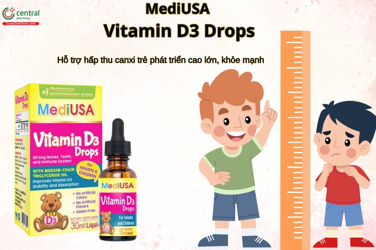 MediUSA Vitamin D3 Drops giúp tăng cường hấp thu Canxi, phát triển chiều cao cho trẻ