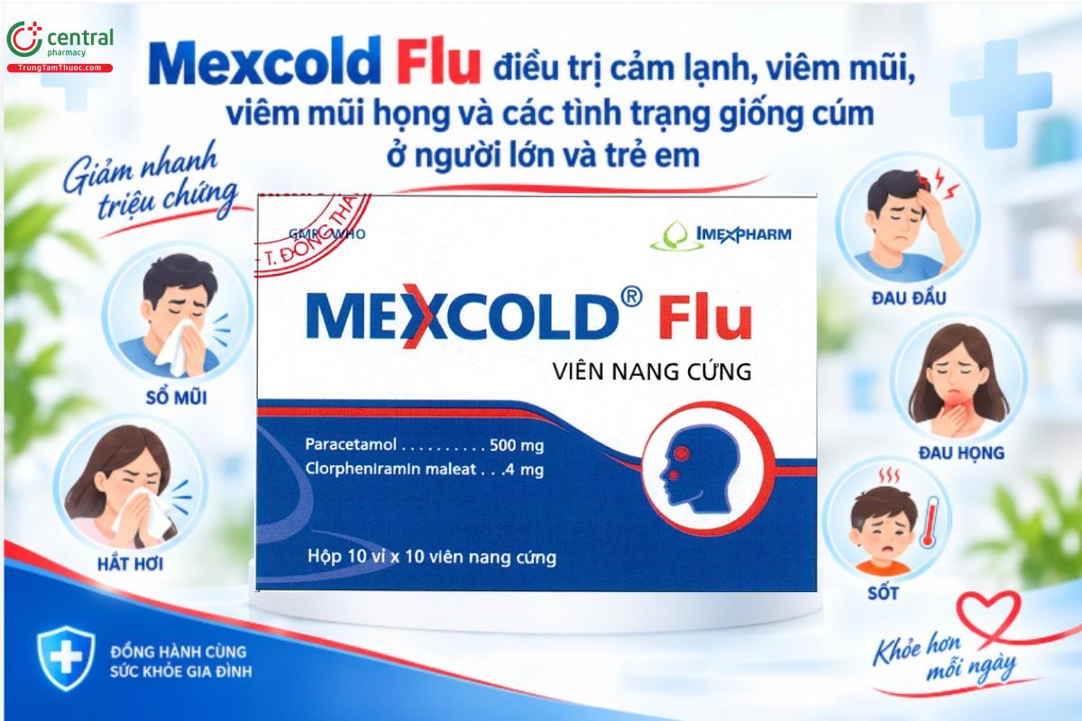 Thuốc Mexcold Flu điều trị cảm lạnh, viêm mũi, viêm mũi họng và các tình trạng giống cúm ở người lớn và trẻ em