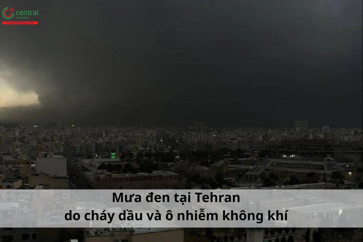 Mưa đen tại Tehran do cháy dầu và ô nhiễm không khí (2026)
