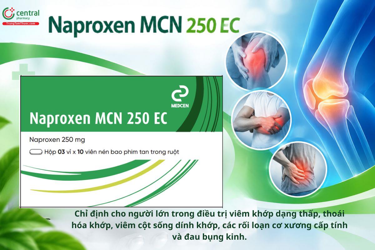Thuốc Naproxen MCN 250 EC điều trị viêm khớp, đau cơ xương và đau bụng kinh.