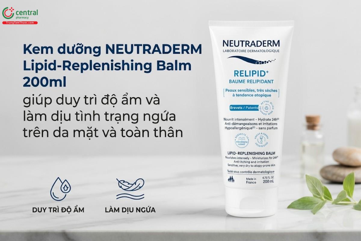 Kem dưỡng NEUTRADERM Lipid-Replenishing Balm 200ml giúp duy trì độ ẩm và làm dịu tình trạng ngứa trên da mặt và toàn thân