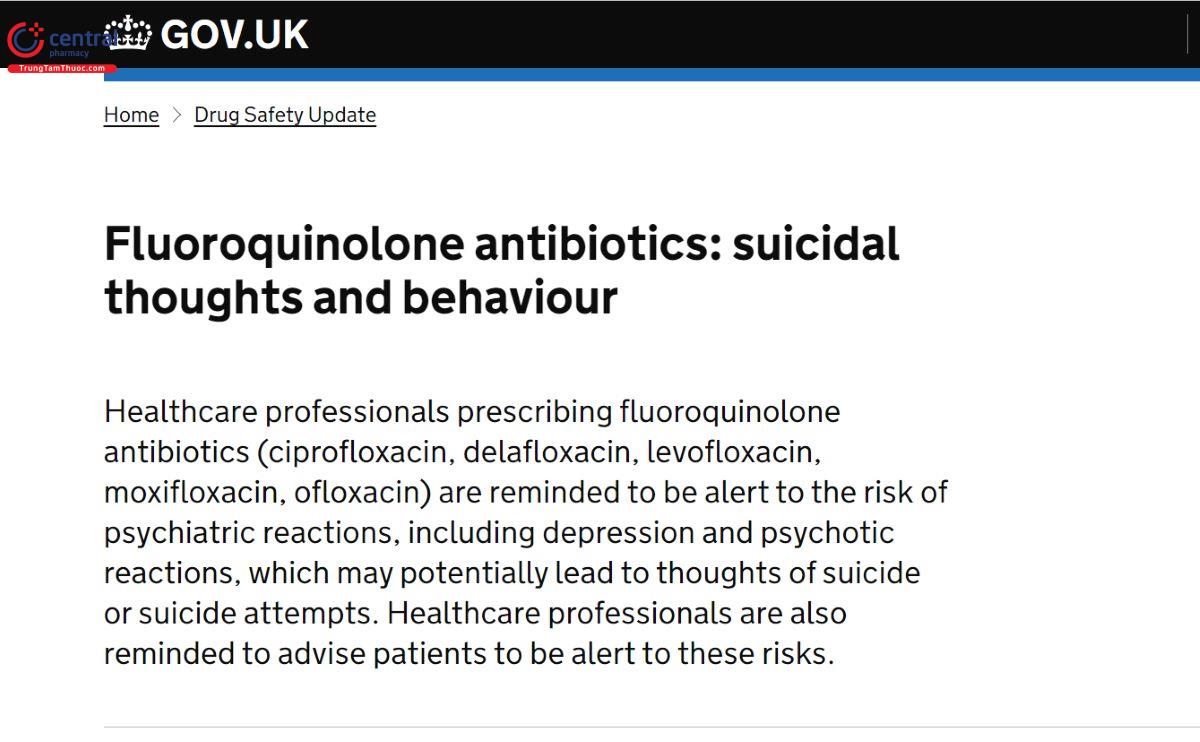 Nguy cơ có hành vi và ý nghĩ tự tử khi sử dụng kháng sinh fluoroquinolon