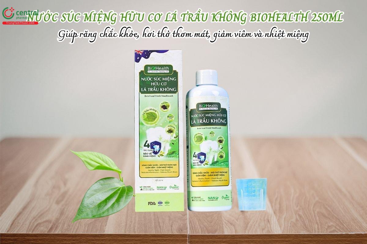 Nước súc miệng hữu cơ lá trầu không BioHealth 250ml giúp răng chắc khỏe, hơi thở thơm mát, giảm viêm và nhiệt miệng