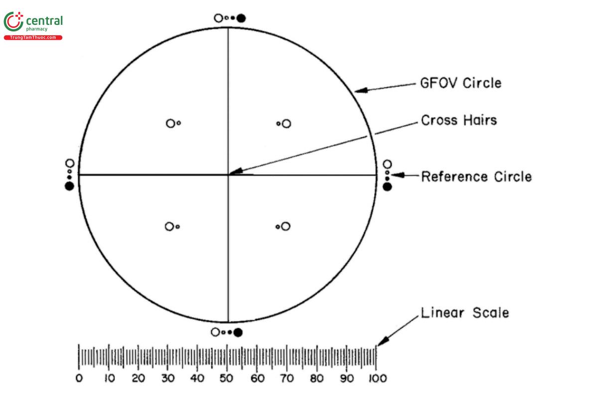 Figure 1. Circular diameter graticule. The large circle divided by crosshairs into quadrants is designated the graticule eld of view (GFOV).