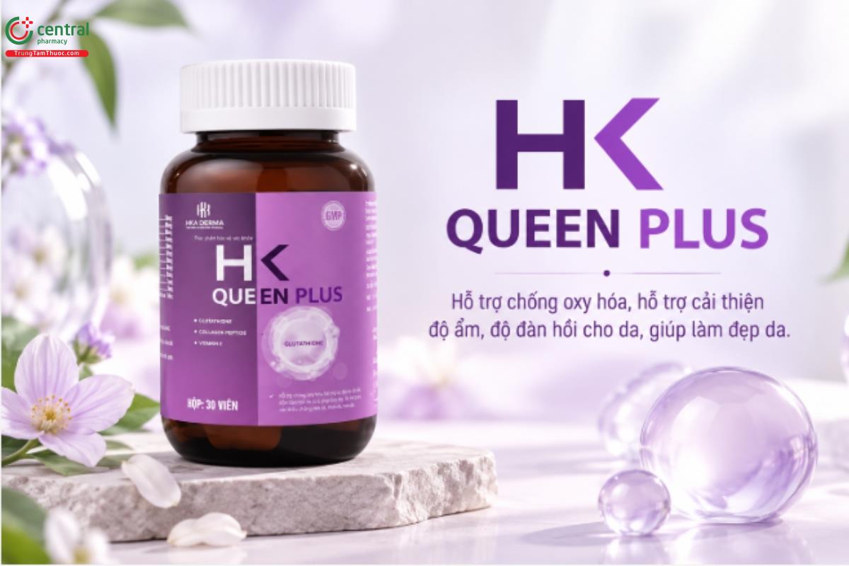 HK Queen Plus hỗ trợ chống oxy hóa, hỗ trợ cải thiện độ ẩm, độ đàn hồi cho da, giúp làm đẹp da