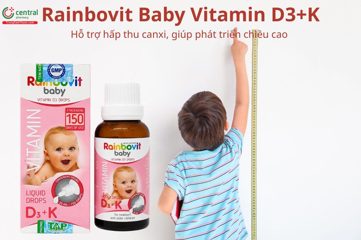 Rainbovit Baby Vitamin D3+K hỗ trợ hấp thu canxi, giúp phát triển chiều cao