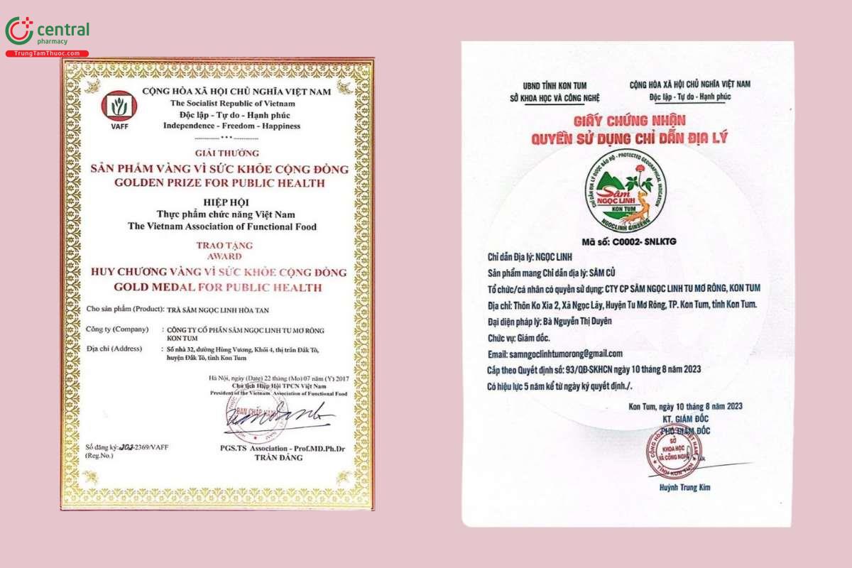 Chứng nhận và giải thưởng của Công ty Cổ phần Sâm Ngọc Linh TuMơRông Kon Tum