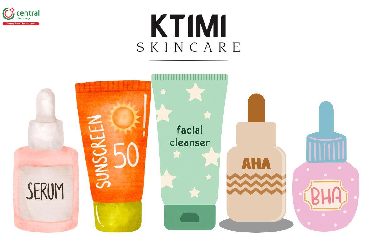  Danh mục sản phẩm của KTIMI bao gồm sữa rửa mặt, kem chống nắng, kem dưỡng trẻ hóa da, sản phẩm hỗ trợ giảm nếp nhăn, serum cấp ẩm, dưỡng da chuyên sâu và tẩy tế bào chết