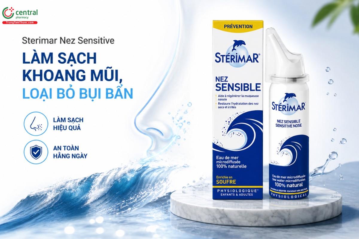 Sterimar Nez Sensitive làm sạch khoang mũi, loại bỏ bụi bẩn