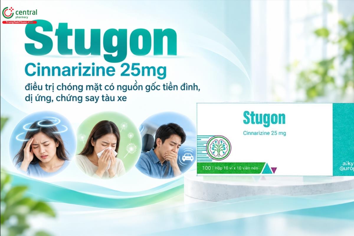 Thuốc Stugon Cinnarizine 25mg điều trị chóng mặt có nguồn gốc tiền đình, dị ứng, chứng say tàu xe