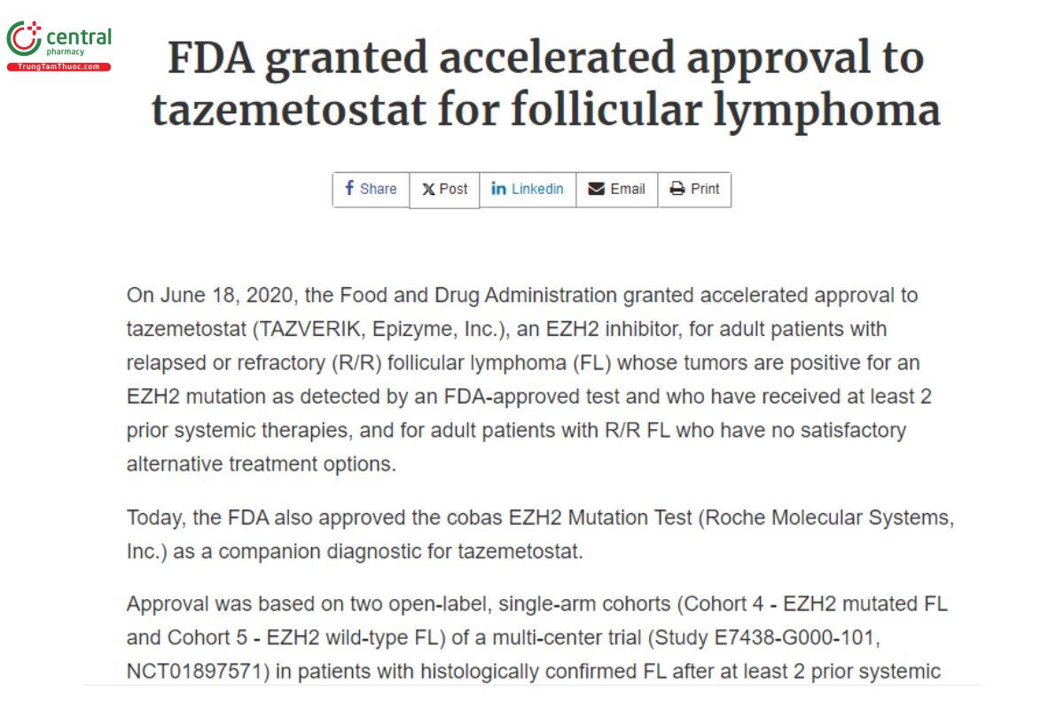 FDA phê duyệt sử dụng Tazemetostat điều trị ung thư