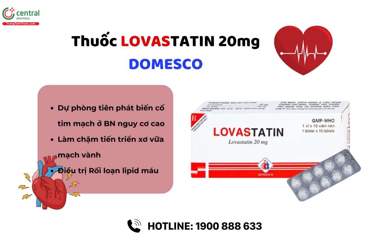 Thuốc Lovastatin 20 mg Domesco phòng ngừa biến cố tim mạch