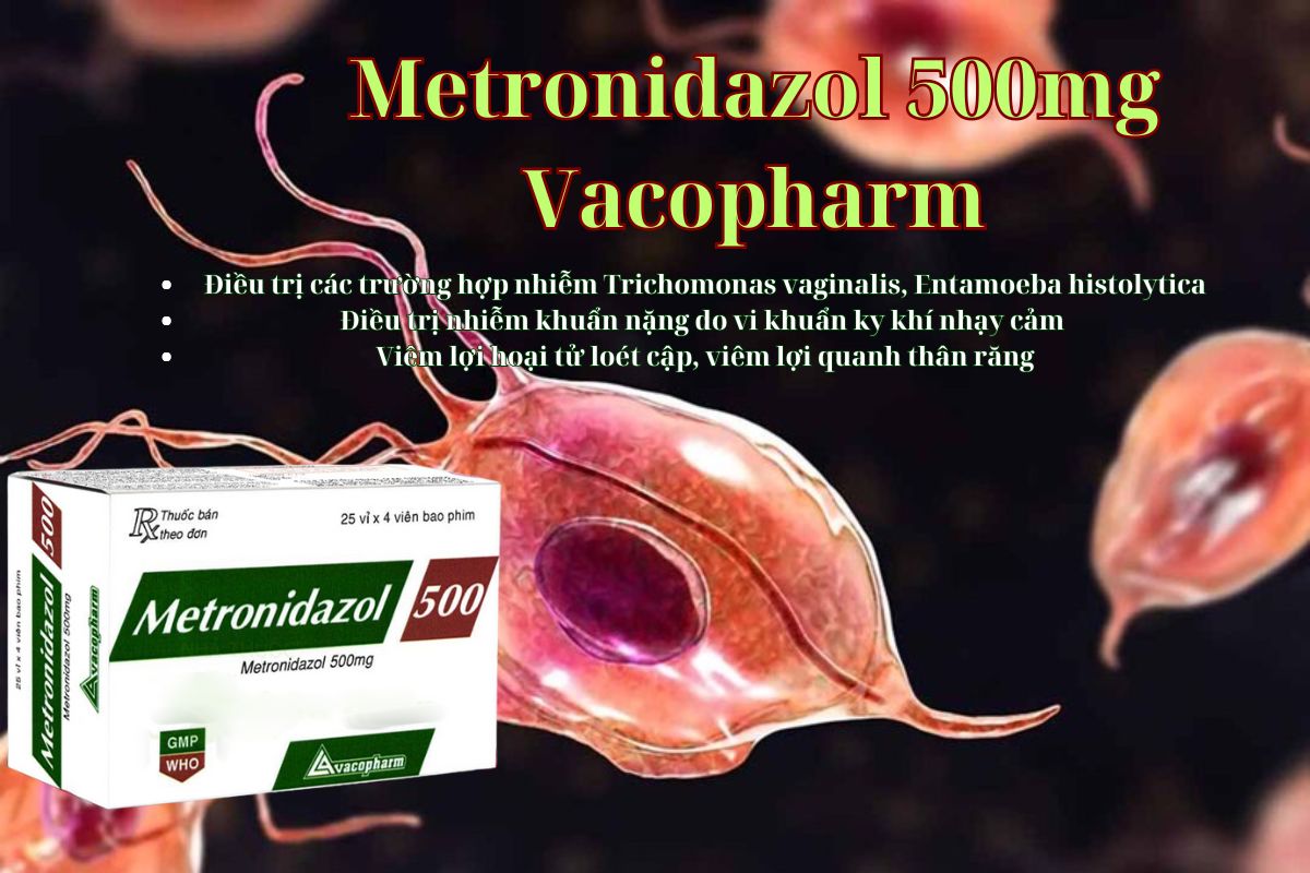 Thuốc Metronidazol 500mg Vacopharm - Điều trị nhiễm ký sinh trùng đơn bào như Trichomonas vaginalis, Entamoeba histolytica