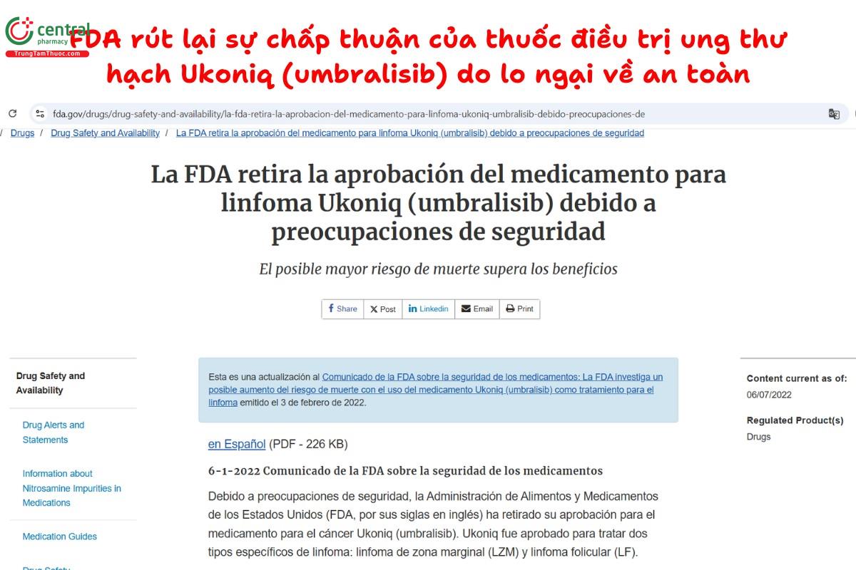 FDA rút lại sự chấp thuận của thuốc điều trị ung thư hạch Ukoniq (umbralisib) do lo ngại về an toàn