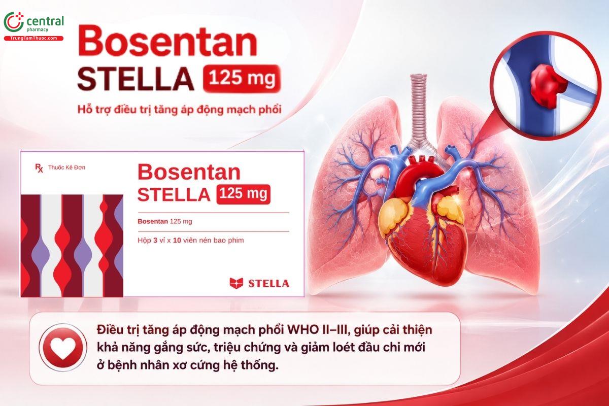 Thuốc Bosentan STELLA 125 mg điều trị tăng áp động mạch phổi và loét chi.