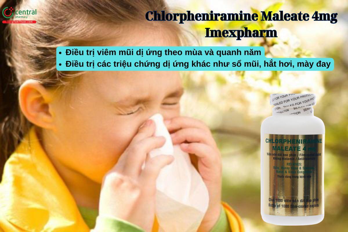 Thuốc Chlorpheniramine Maleate 4mg Imexpharm điều trị viêm mũi dị ứng quanh năm và theo mùa