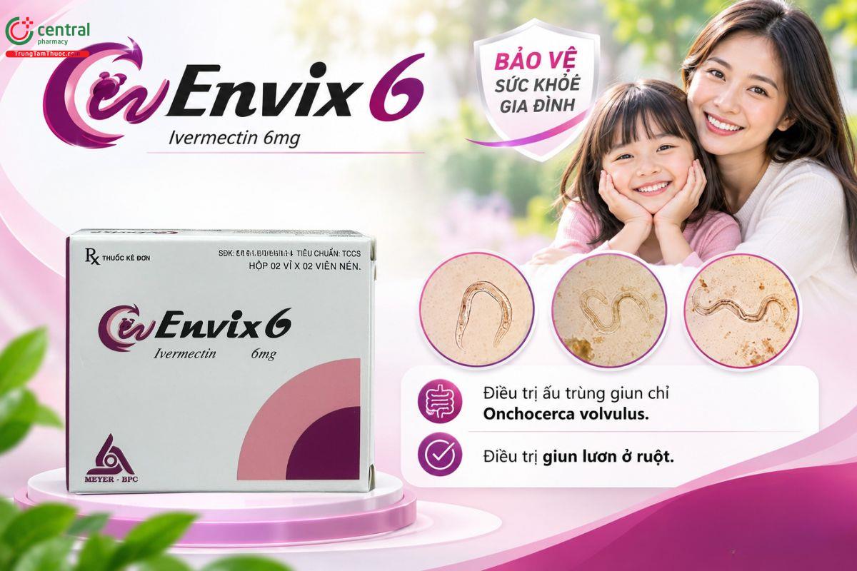 Thuốc Envix 6 hỗ trợ điều trị các bệnh nhiễm giun, sán, giúp loại bỏ ký sinh trùng đường ruột hiệu quả.