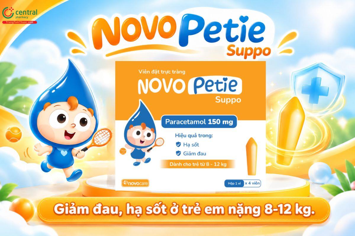 Thuốc Novopetie Suppo Paracetamol 150 mg giảm đau, hạ sốt cho trẻ từ 8–12 kg
