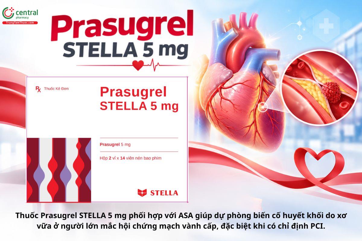 Thuốc Prasugrel STELLA 5 mg dự phòng biến cố huyết khối ở bệnh nhân hội chứng mạch vành cấp.