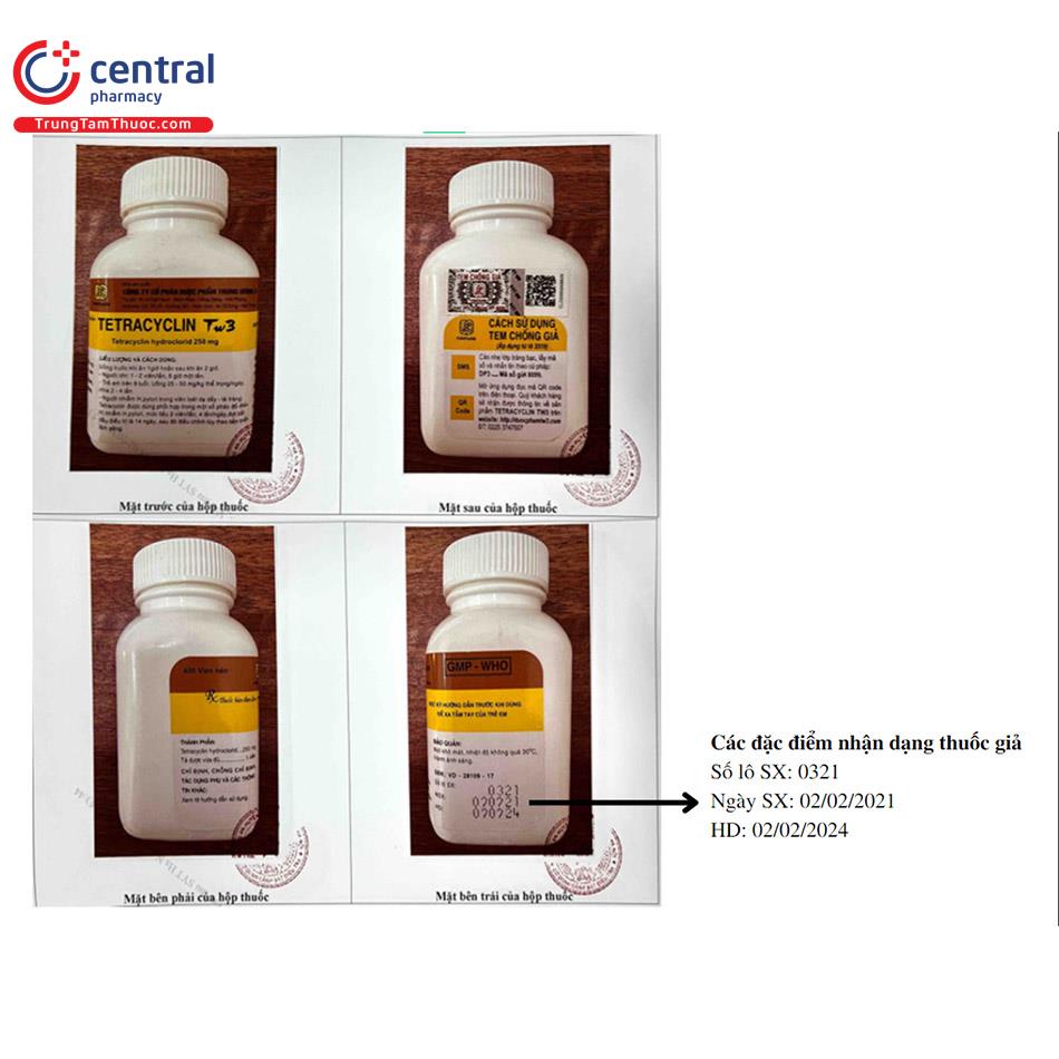 Đặc điểm nhận dạng thuốc giả trên nhãn thuốc Tetracyclin TW3 (Hộp 400 viên nén)