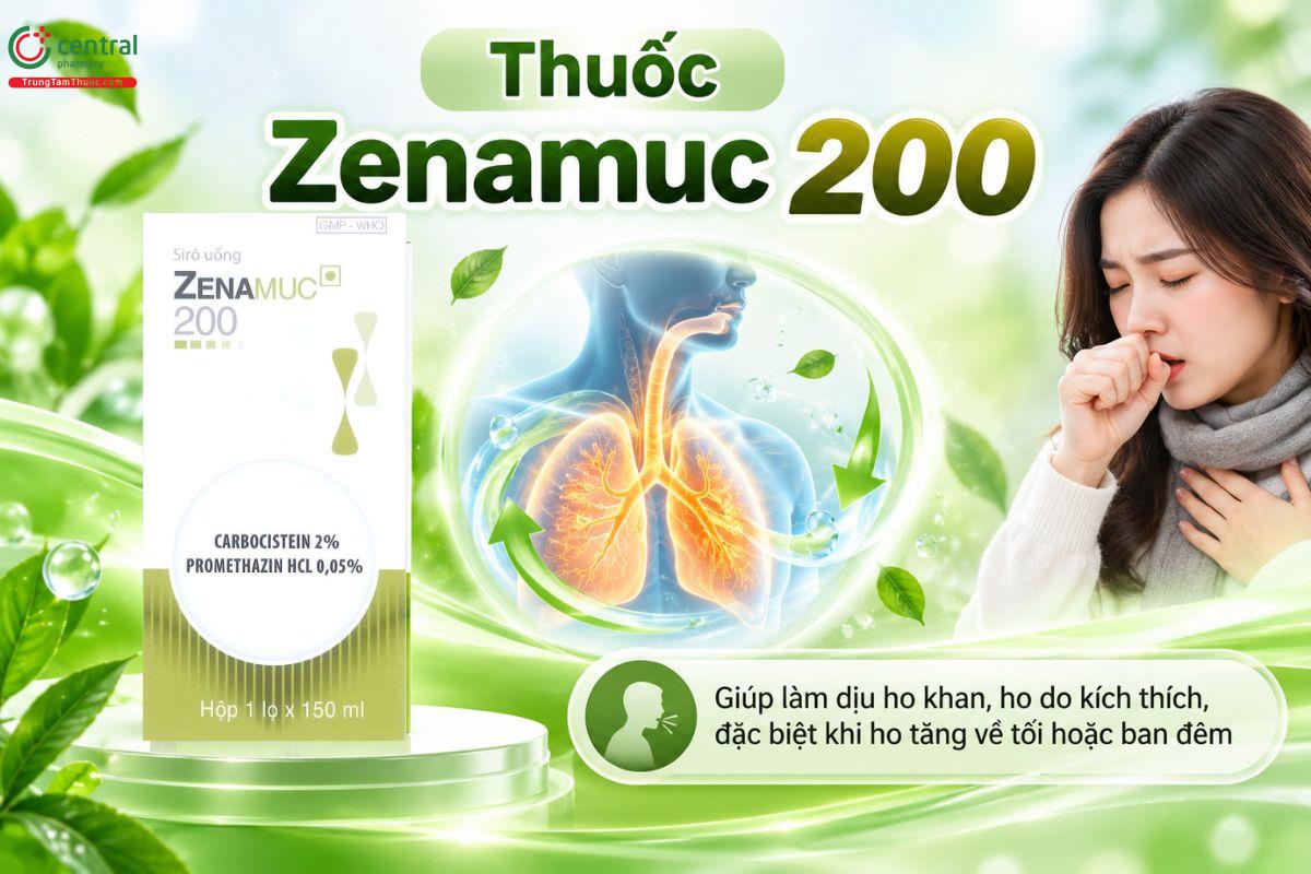Thuốc Zenamuc 200 giúp làm dịu ho khan, ho do kích thích, đặc biệt khi ho tăng về tối hoặc ban đêm 