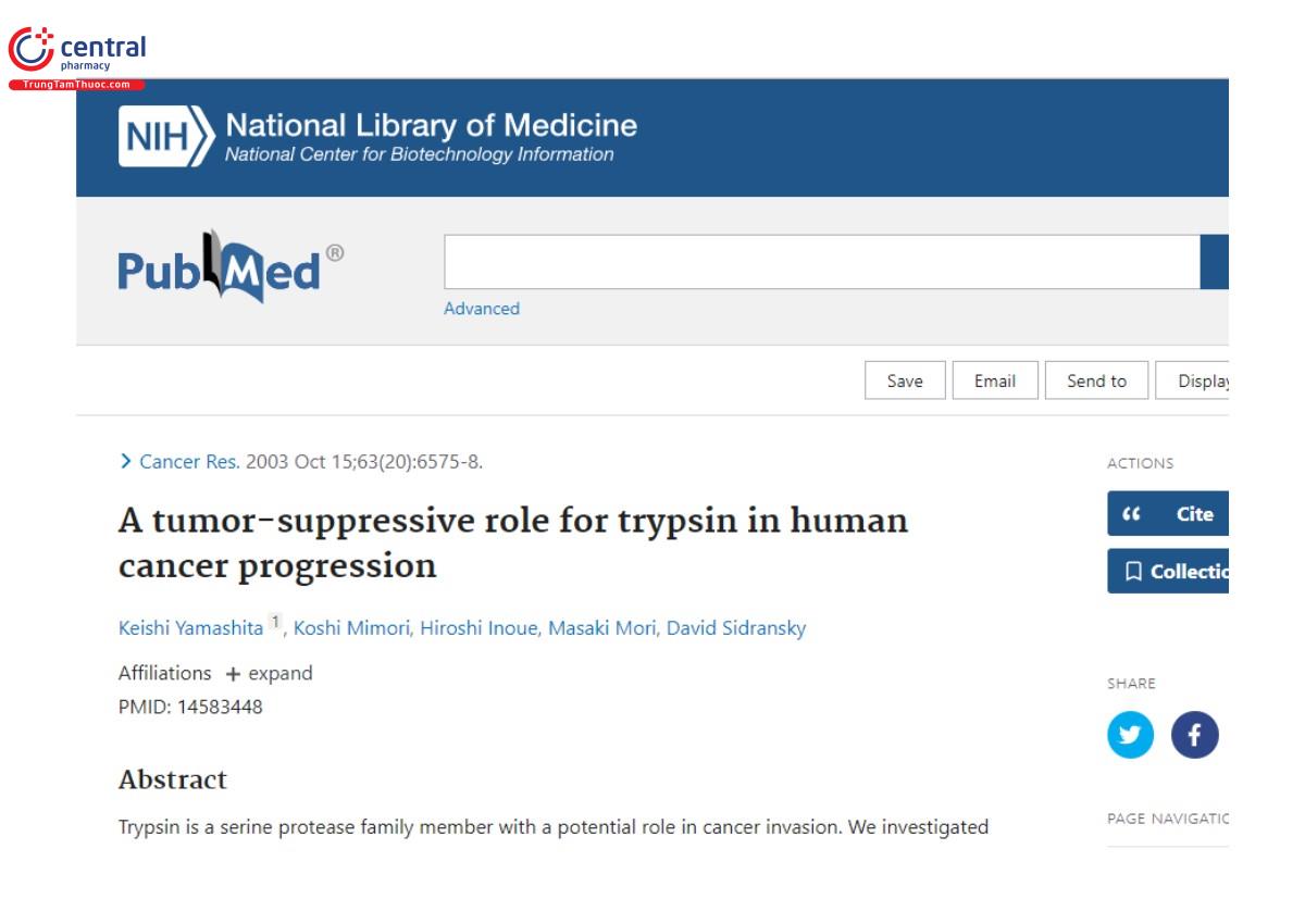 Nghiên cứu: A tumor-suppressive role for trypsin in human cancer progression