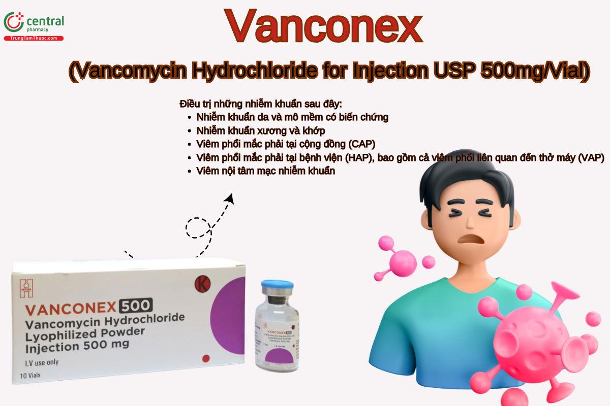 Thuốc Vanconex (Vancomycin Hydrochloride for Injection USP 500mg/Vial) điều trị nhiễm nhuẩn da, mô mềm, xương, khớp, viêm phổi,...