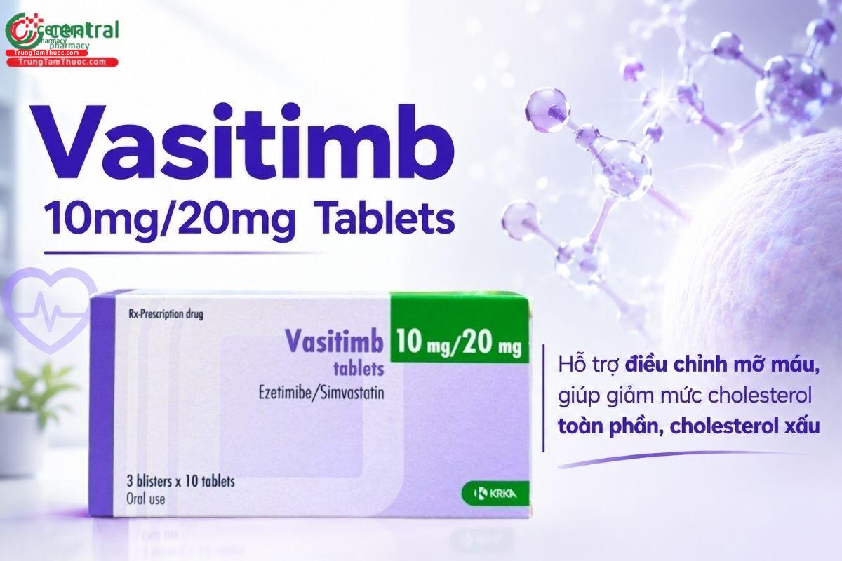 Vasitimb 10mg/20mg kết hợp hai hoạt chất chính là simvastatin và ezetimibe, có tác dụng hỗ trợ điều chỉnh mỡ máu, giúp giảm mức cholesterol toàn phần, cholesterol xấu.