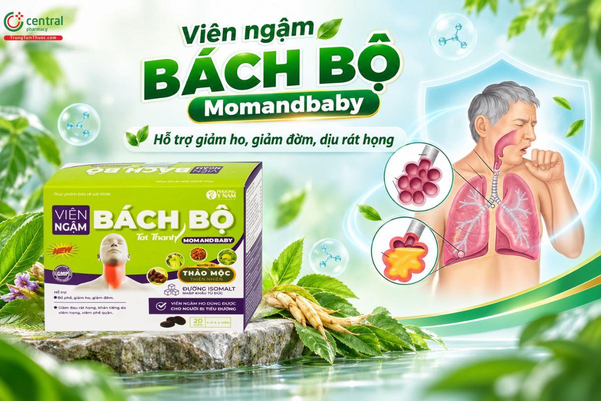 Viên ngậm Bách Bộ Momandbaby hỗ trợ giảm ho, giảm đờm, dịu họng.