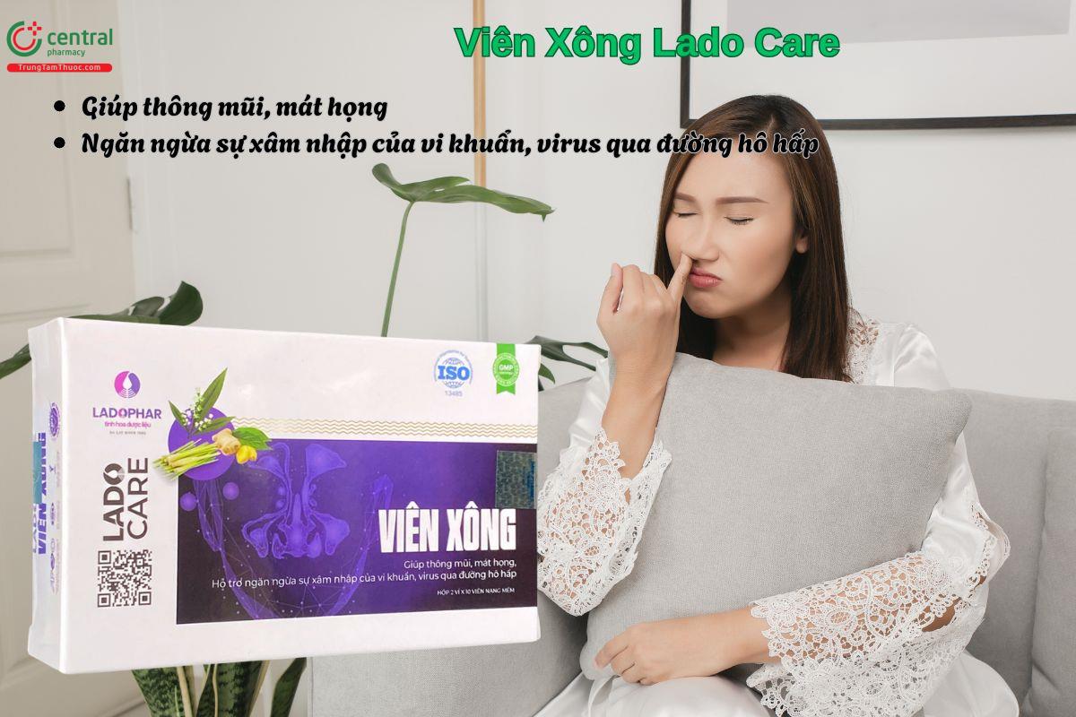 Viên Xông Lado Care giúp hỗ trợ làm giảm các triệu chứng sổ mũi, nghẹt mũi, mát họng, dễ thở,...