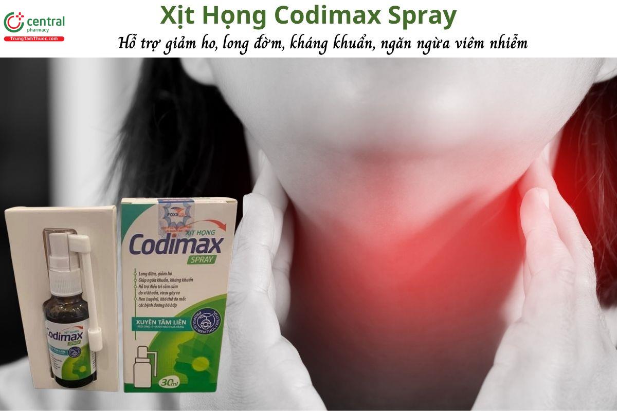 Xịt họng Codimax Spray hỗ trợ ngừa khuẩn, kháng viêm, giảm ho, long đờm