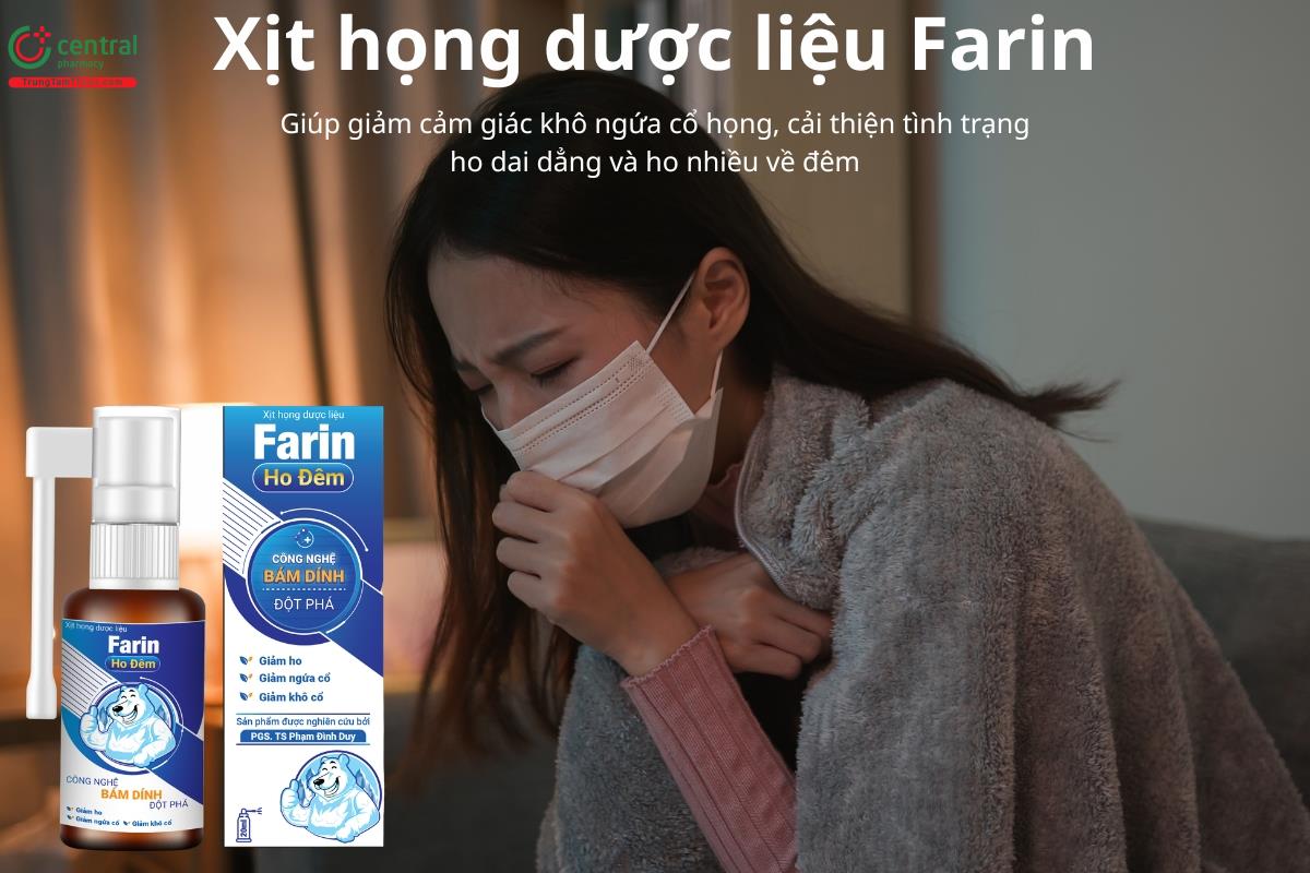 Xịt họng dược liệu Farin giúp giảm cảm ho dai dẳng và ho nhiều về đêm