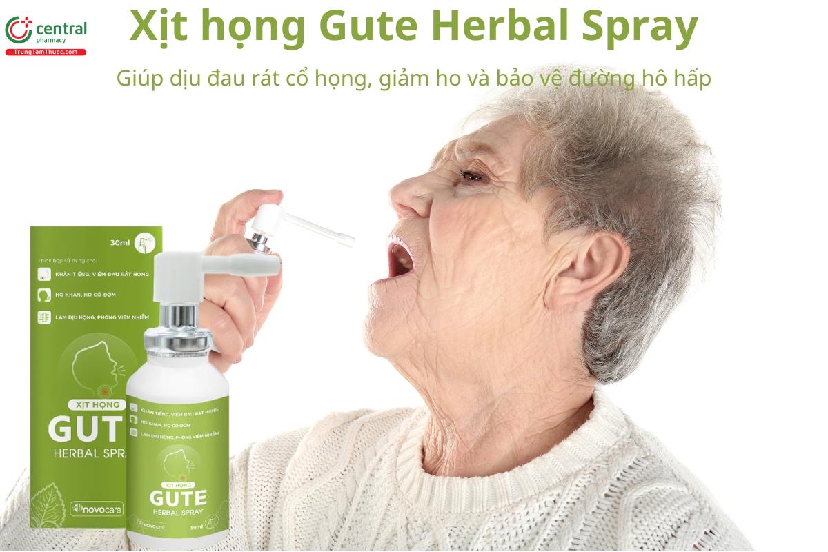 Xịt họng Gute Herbal Spray giúp dịu đau rát cổ họng, giảm ho