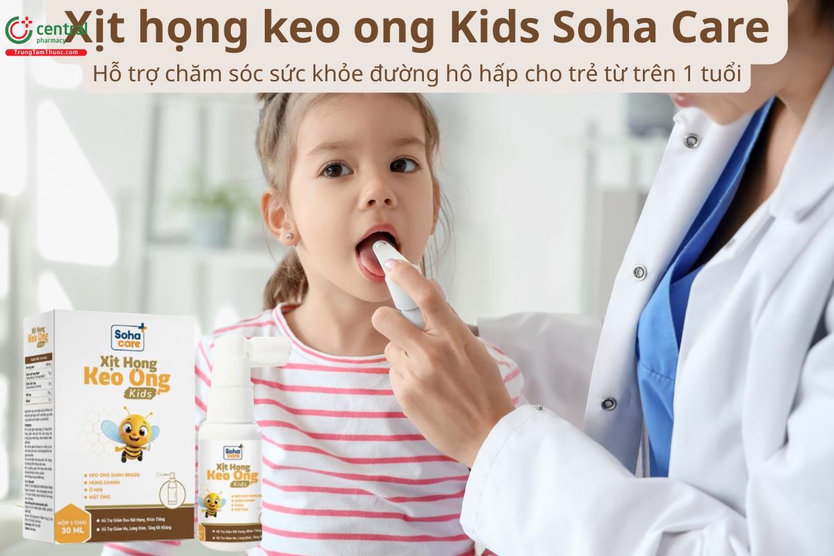 Xịt họng keo ong Kids Soha Care hỗ trợ chăm sóc sức khỏe hệ hô hấp cho trẻ