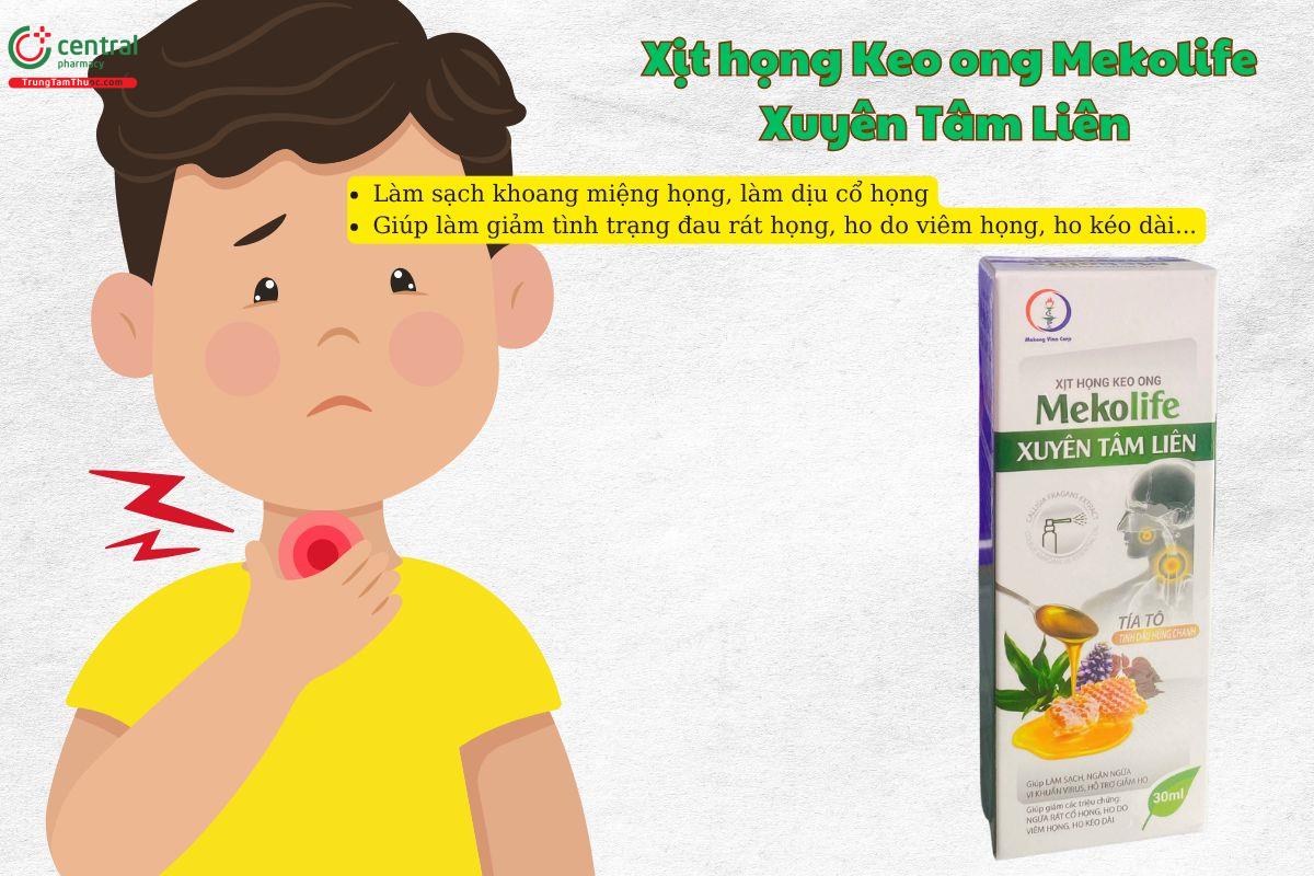 Xịt họng Keo ong Mekolife Xuyên Tâm Liên giúp cải thiện tình trạng đau rát cổ họng, ho do ho kéo dài