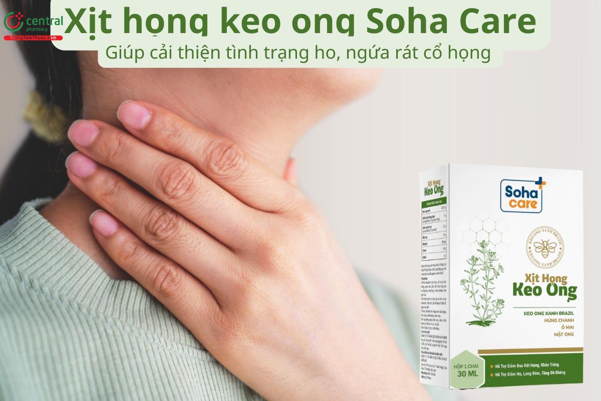 Xịt họng keo ong Soha Care hỗ trợ giảm ho và giảm cảm giác khó chịu ở cổ họng