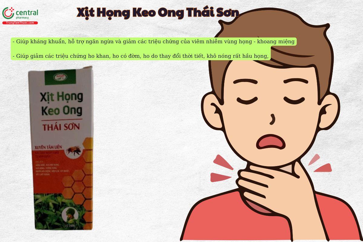 Xịt Họng Keo Ong Thái Sơn giúp giảm triệu chứng đau họng, rát họng, viêm họng,...