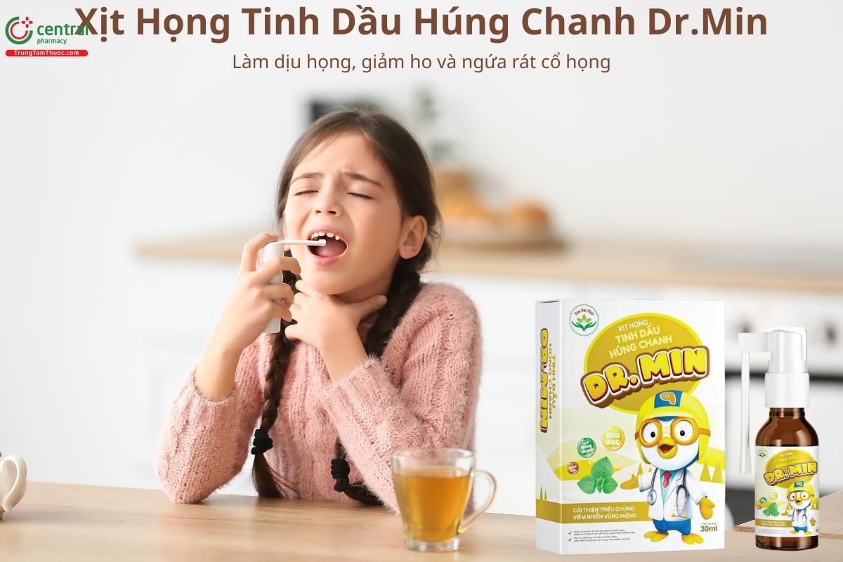 Xịt Họng Tinh Dầu Húng Chanh Dr.Min giúp giảm ho và ngứa rát cổ họng