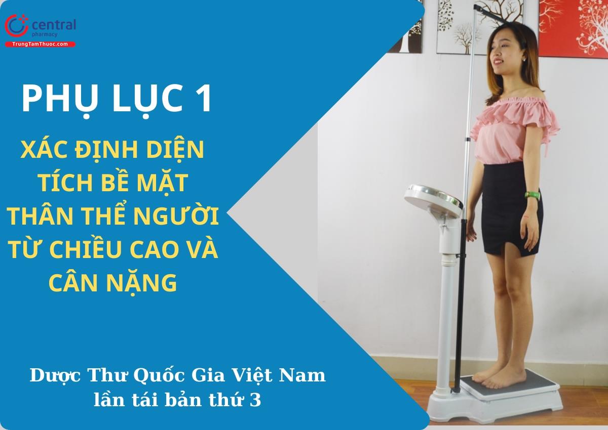 Phụ lục 1: Xác định diện tích bề mặt thân thể người từ chiều cao và cân nặng - Dược Thư Quốc Gia Việt Nam 2022