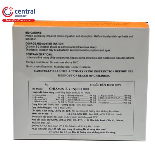 Dung dịch tiêm truyền Chiamin-S-2 20ml: tác dụng, cách dùng