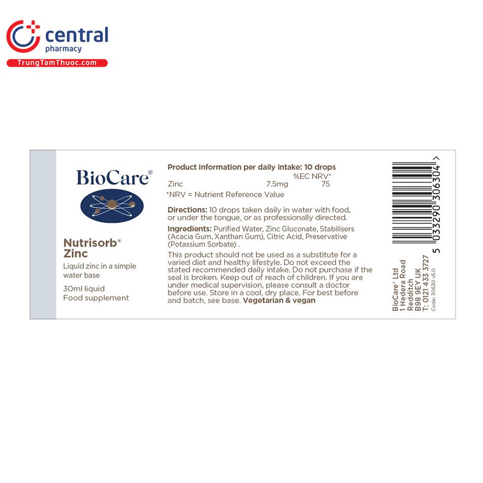 biocare nutrisorb zinc 15 O5416