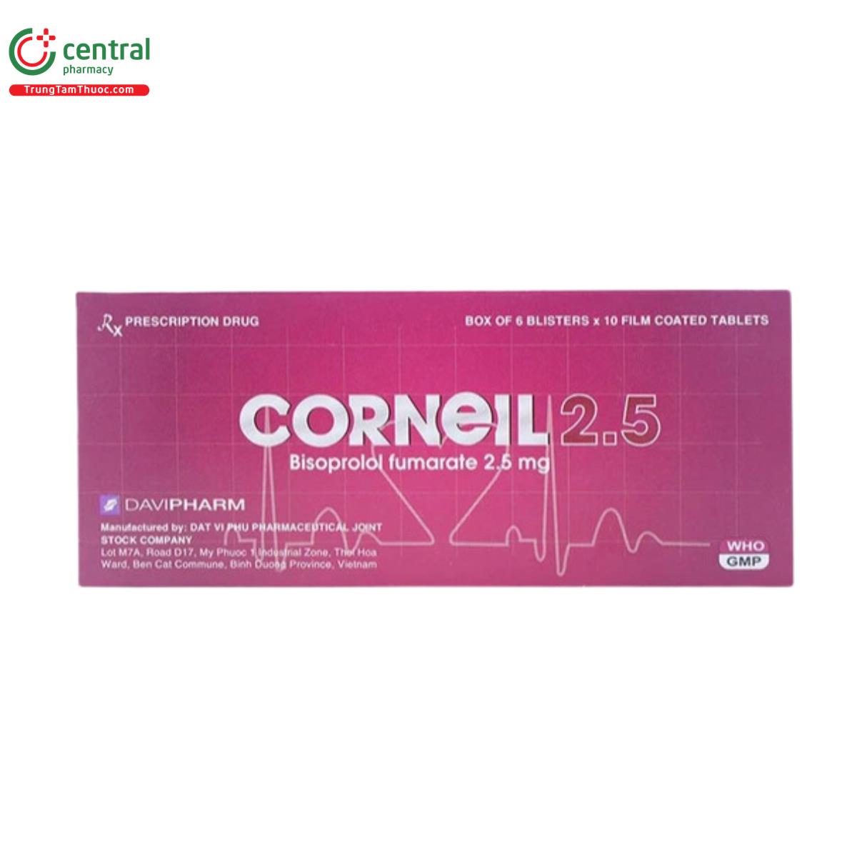 HỘP THUỐC CORNEIL 2.5 CHỨA THÀNH PHẦN BISOPROLOL ĐIỀU TRỊ SUY TIM